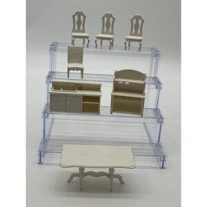 Dollhouse Miniature Furniture Set With Chairs Table Sink Hutch In Cream Plastic